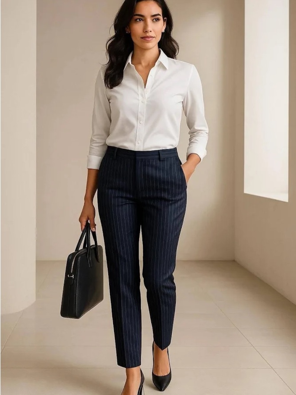Banana Republic Navy Pinstripe Cropped Wide-Leg Trousers